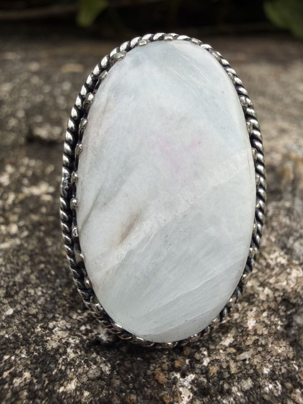 Sterling Silver Large Oval Milky Aquamarine Ring 7.5 Sawtooth Rope 925 Bohemian